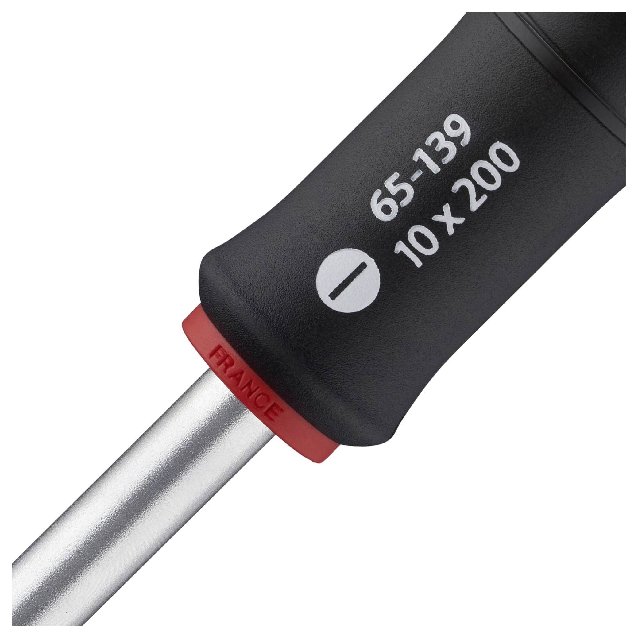 Schraubendreher mit schwarzem Griff, Beschriftung '65-139' und '10 x 200', hergestellt in Frankreich.