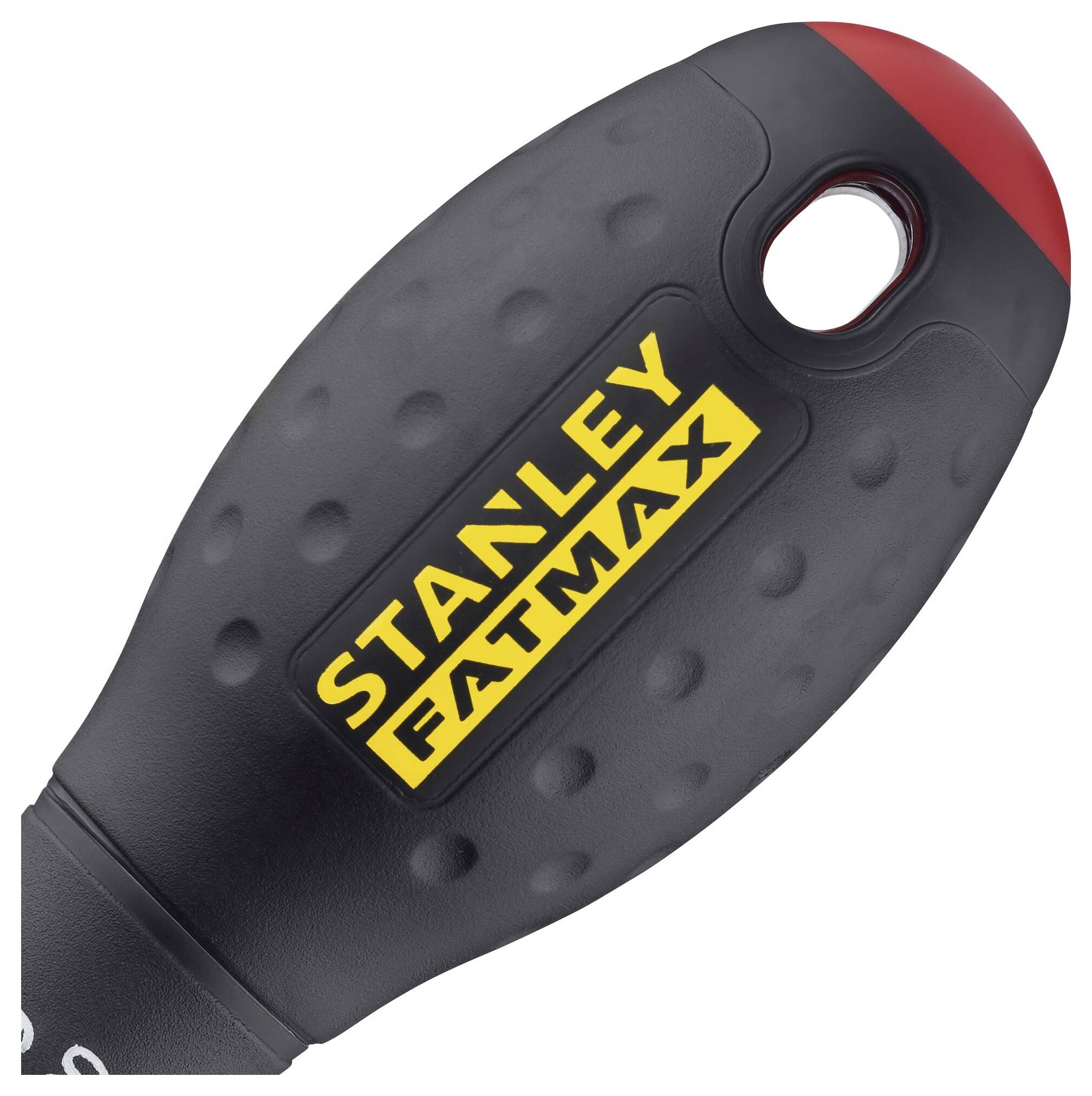 Schwarzer Griff mit gelbem 'STANLEY FATMAX'-Logo, ergonomisch geformt mit Noppen für besseren Halt.