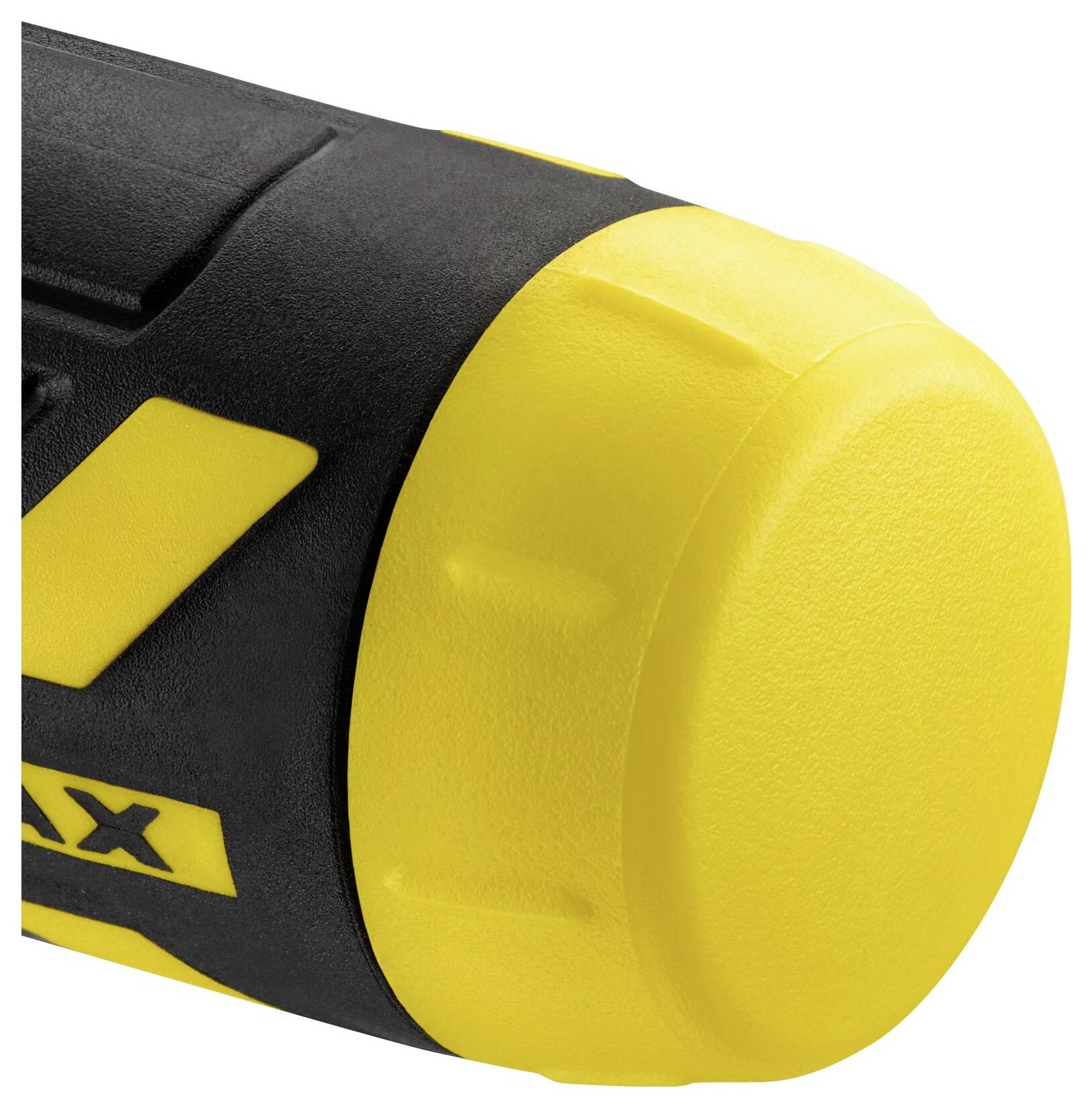 Ein Teil einer gelb-schwarzen elektrischen Bohrmaschine, die fest und robust erscheint. Fokus auf dem Griff mit markanten Texturen.