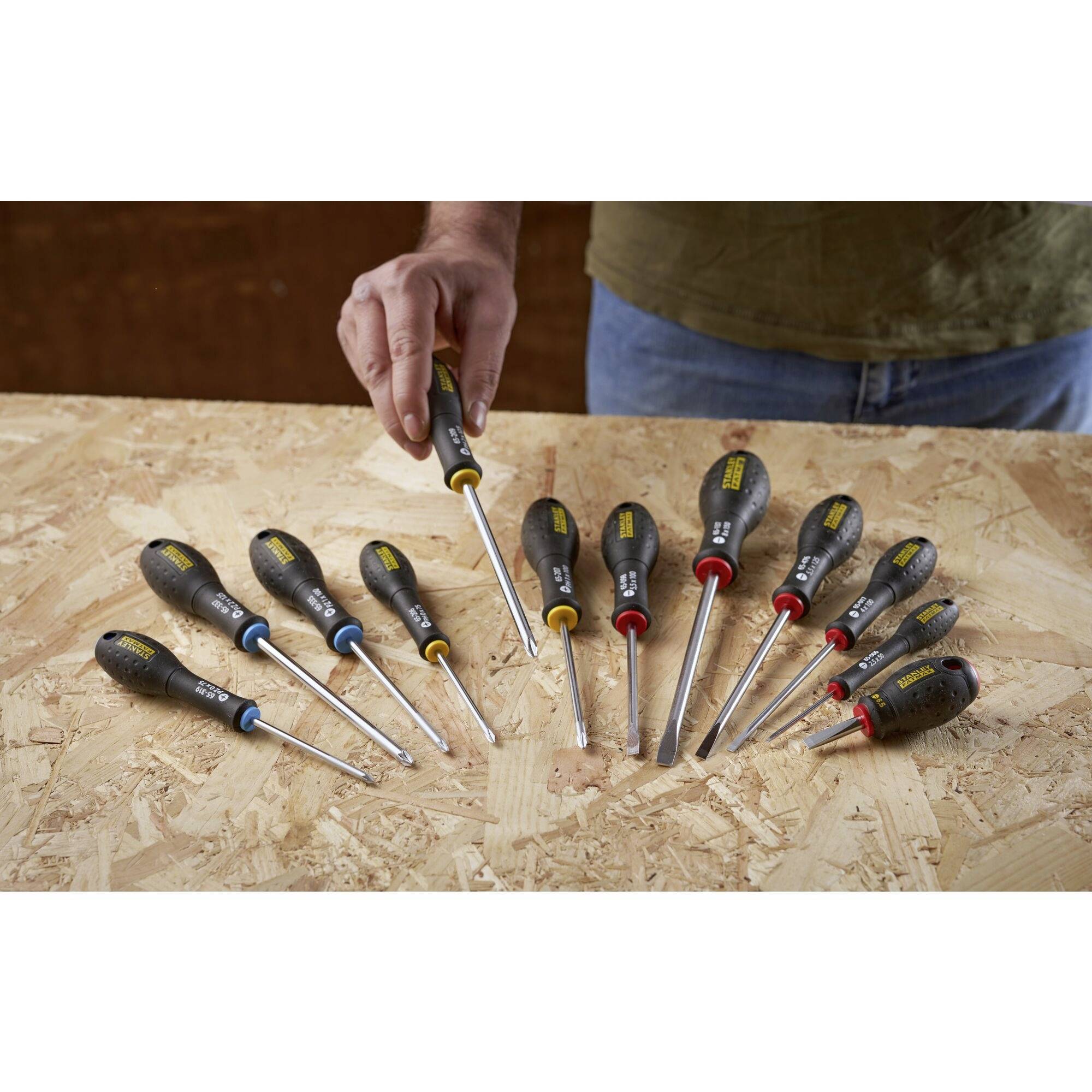 Ein Tisch mit zwölf Schraubendrehern, einige mit blauem, andere mit gelbem oder rotem Griffende. Eine Hand greift nach einem Schraubendreher.