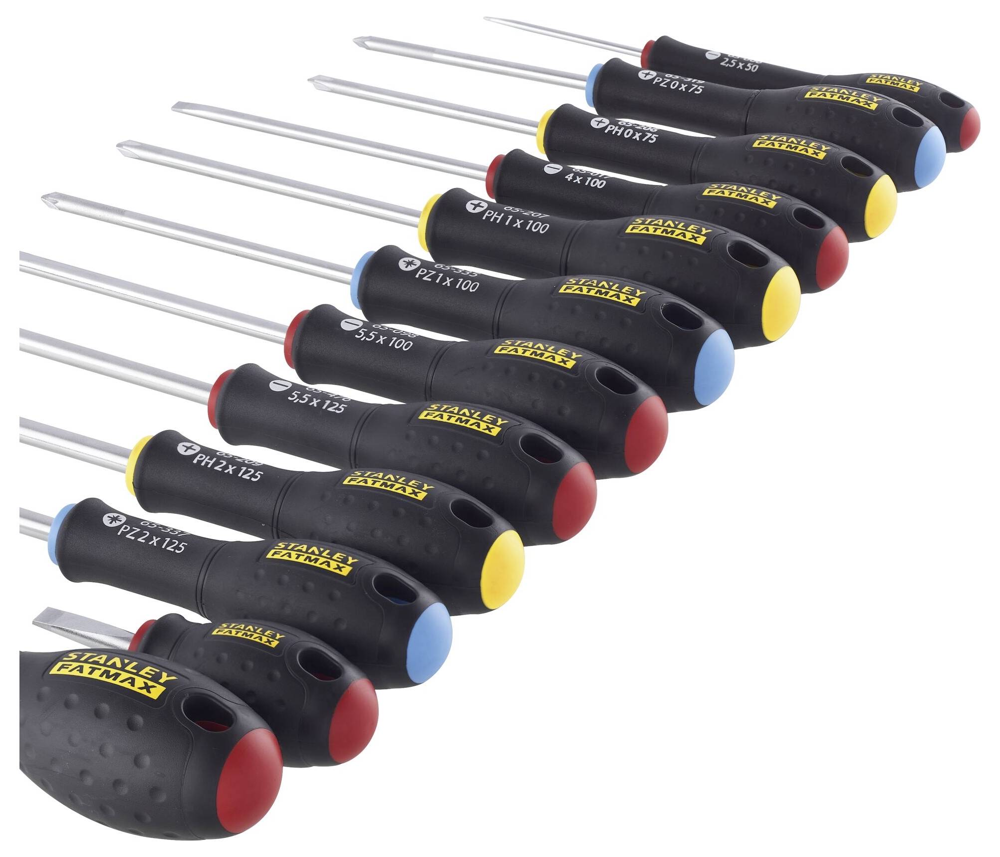 Ein Set von zehn Schraubendrehern in verschiedenen Größen mit farbig markierten Griffen liegt nebeneinander auf weißem Hintergrund.