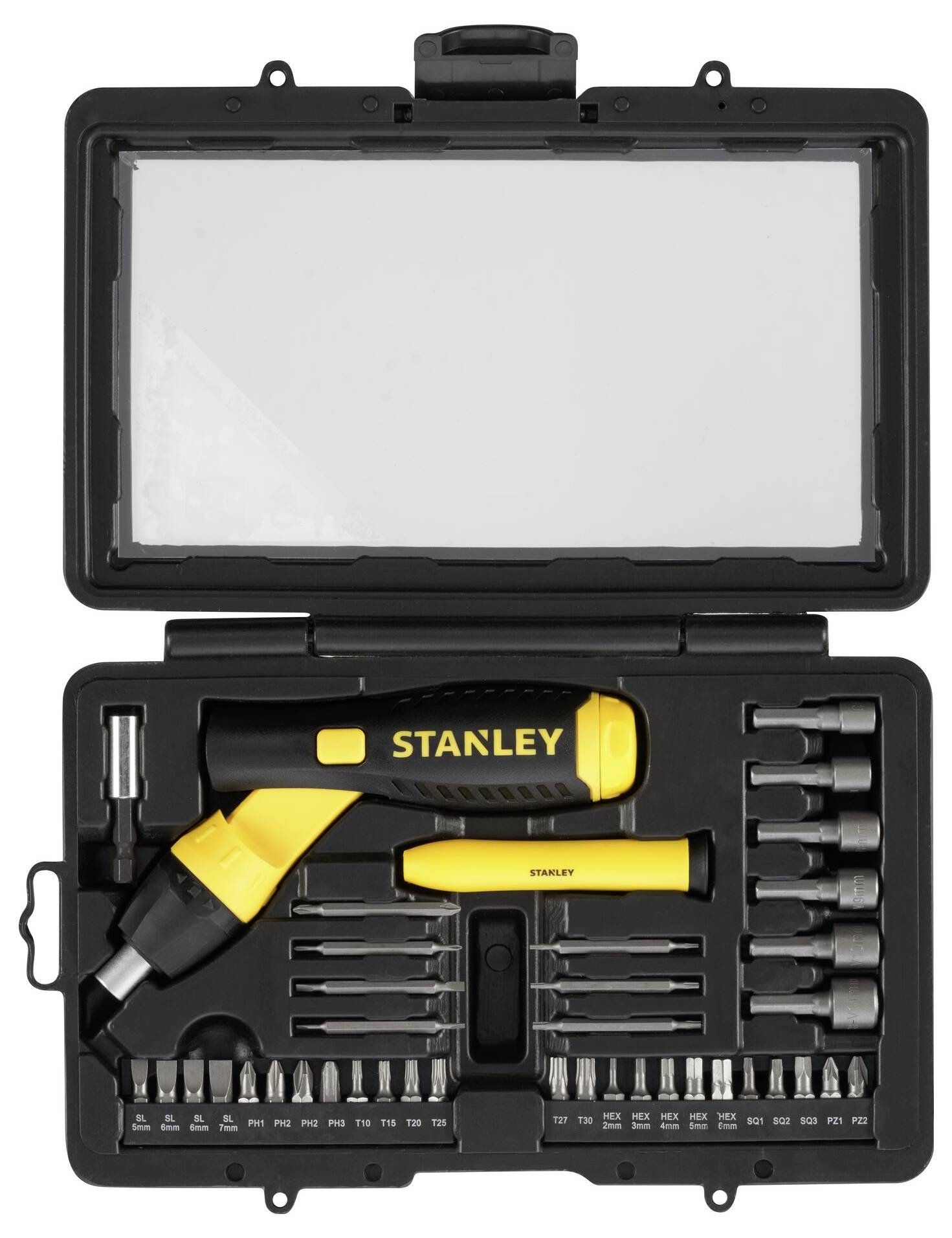 Werkzeugkoffer mit gelbem Schraubendreher und verschiedenen Bits. Marke 'Stanley' sichtbar. 