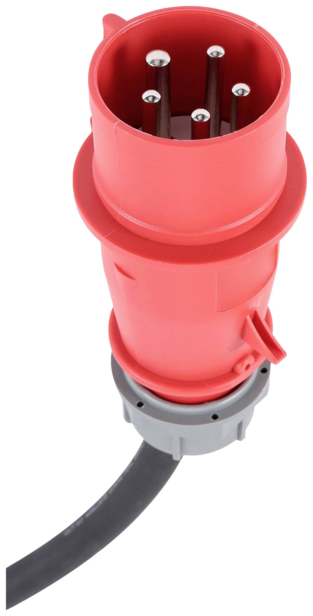 Roter, industrieller Starkstromstecker mit mehreren Pins an einem schwarzen Kabel, geeignet für Hochleistungsanwendungen.