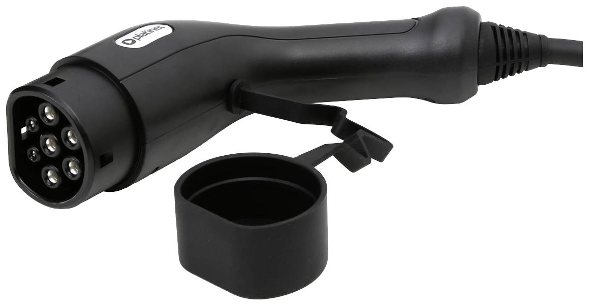 Schwarzer Typ-2-Ladestecker für Elektrofahrzeuge mit abnehmbarem Schutzdeckel, zeigt die sieben Kontakte an der Vorderseite.