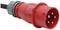 Roter dreipoliger Industriestecker mit grauem Kabelanschluss, verwendet für schwere Elektrogeräte in Industrieumgebungen.