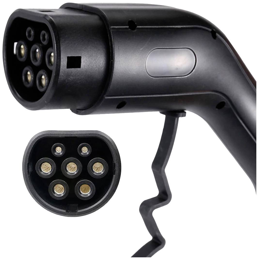 Nahaufnahme eines schwarzen Elektroauto-Ladesteckers mit mehreren Metallstiften, geeignet für das Aufladen von Elektrofahrzeugen.