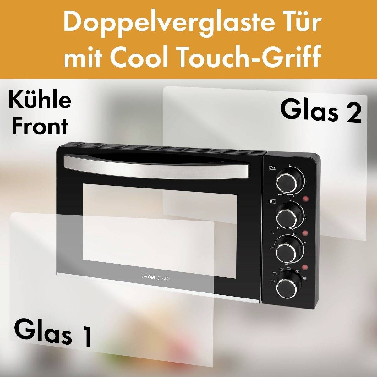 Ofen mit doppelverglaster Tür und einem Cool Touch-Griff. Links als Glas 1 und rechts als Glas 2 beschriftet.