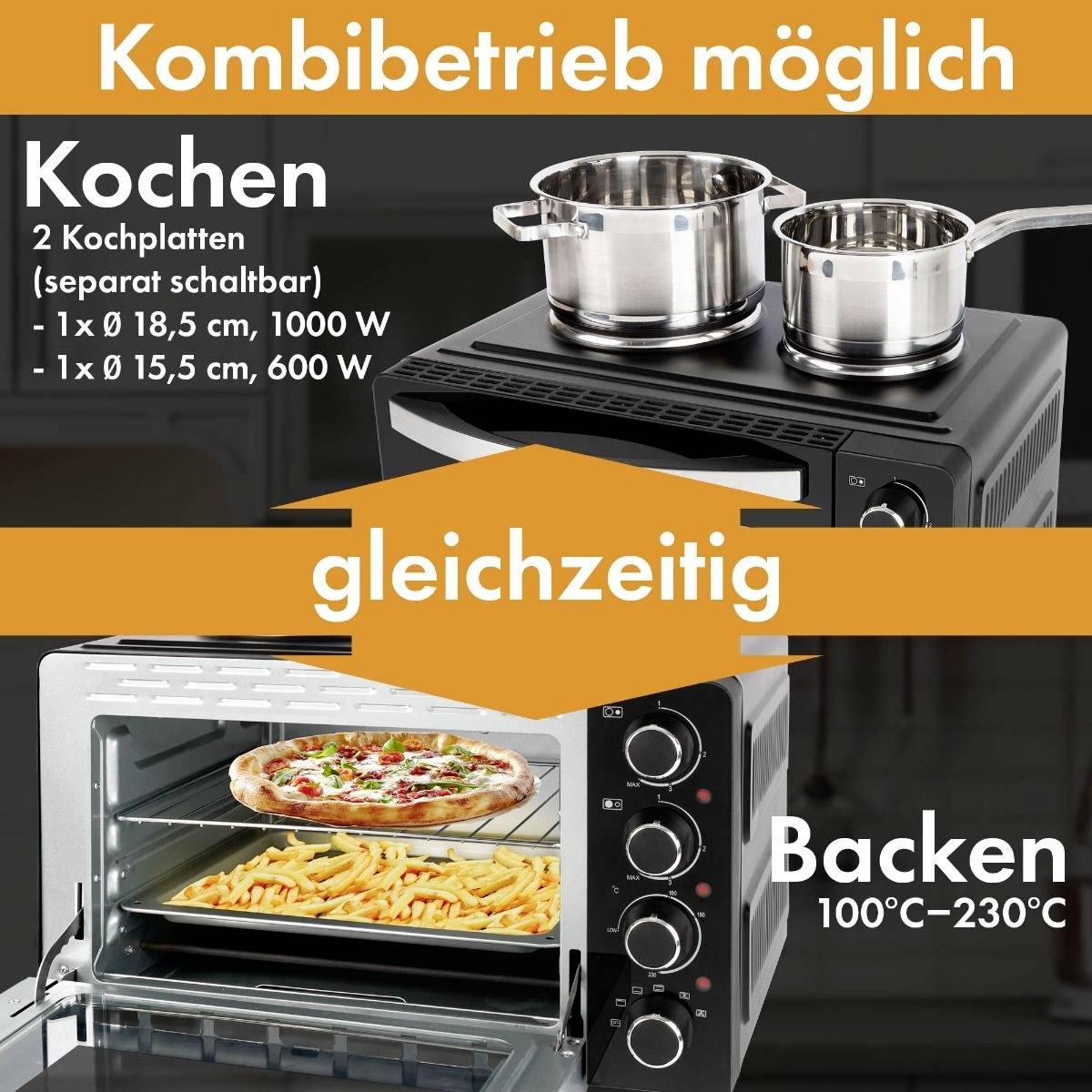 Koch- und Backofen mit zwei Töpfen oben und geöffneter Tür unten. Text informiert über gleichzeitiges Kochen und Backen.