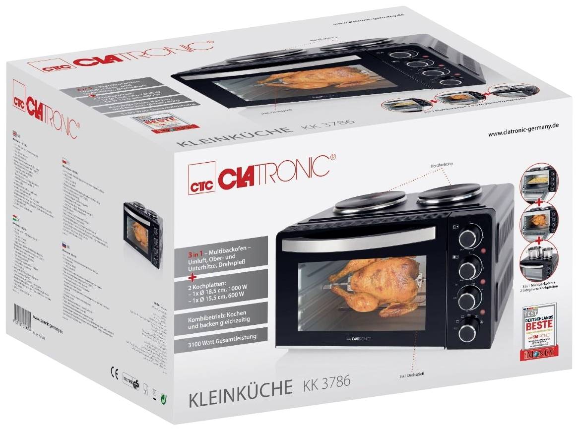 Verpackung einer Clatronic Kleinküche KK 3786. Zeigt einen Mini-Ofen mit Drehspieß, links Kochplatten. Enthält Features und Maße.