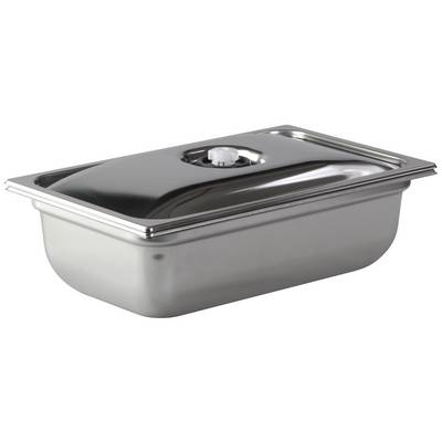 Silberne Edelstahl-Gastronormschale mit Deckel, ideal für die Aufbewahrung und Präsentation von Speisen in der Gastronomie.