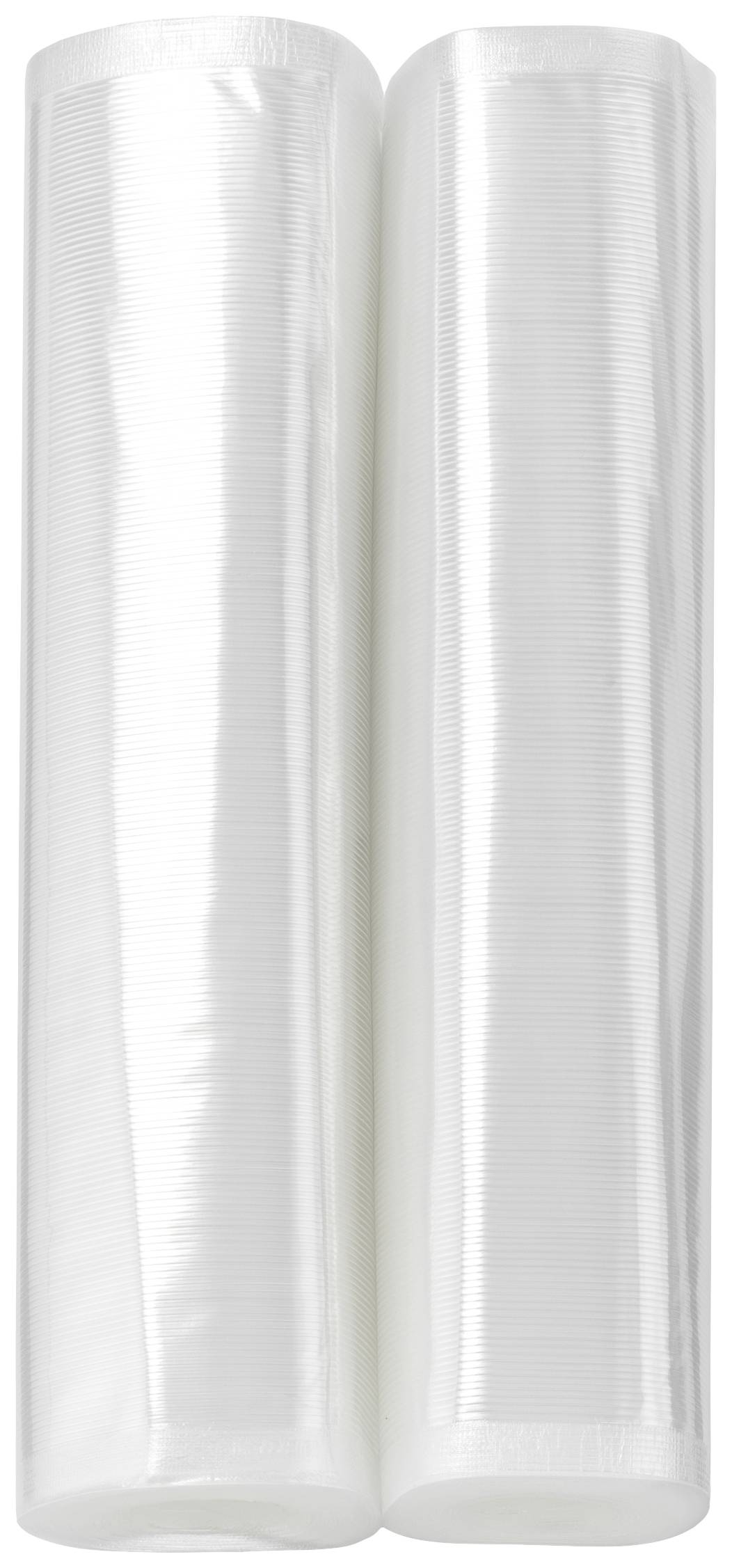 Zwei Rollen transparente Plastikfolie nebeneinander stehend.
