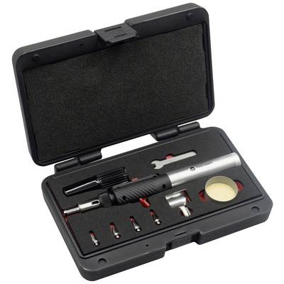 Ein Set von Lötkolbenwerkzeugen in einem schwarzen Etui. Beinhaltet einen Lötkolben, verschiedene Spitzen und Zubehörteile.