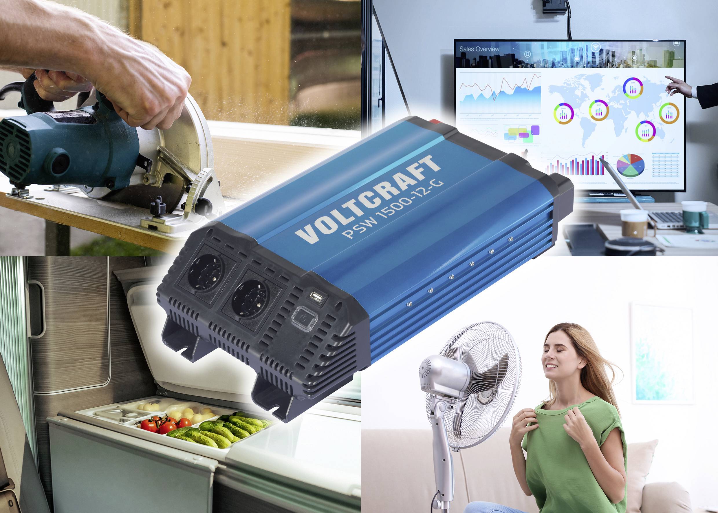Voltcraft PSW 1500-12-C Stromwechselrichter, dargestellt in einer Collage von Anwendungen: Elektrowerkzeuge, Datenüberwachung, Kühlschrank-Notstromversorgung und ein Ventilator zur Notstromversorgung im Haus.