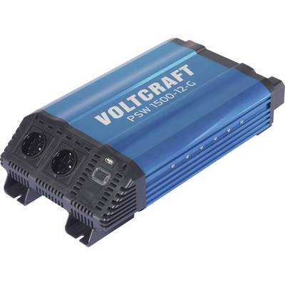 Blauer Voltcraft PSW 1500-12-C Spannungswandler mit dualen AC-Steckdosen und Kühlrippen auf weißem Hintergrund