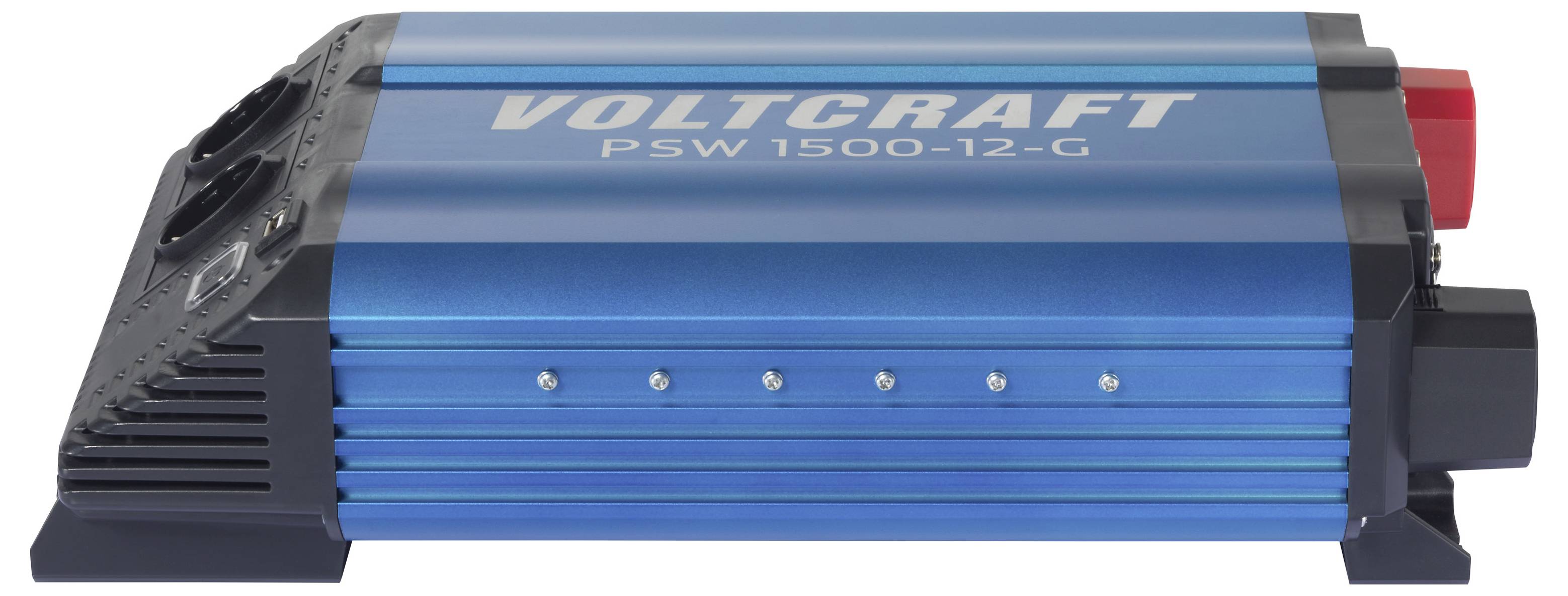 Blauer Voltcraft PSW 1500-12-C Stromwechselrichter mit schwarzen Endkappen und rotem Anschluss auf der rechten Seite, in Seitenansicht dargestellt.