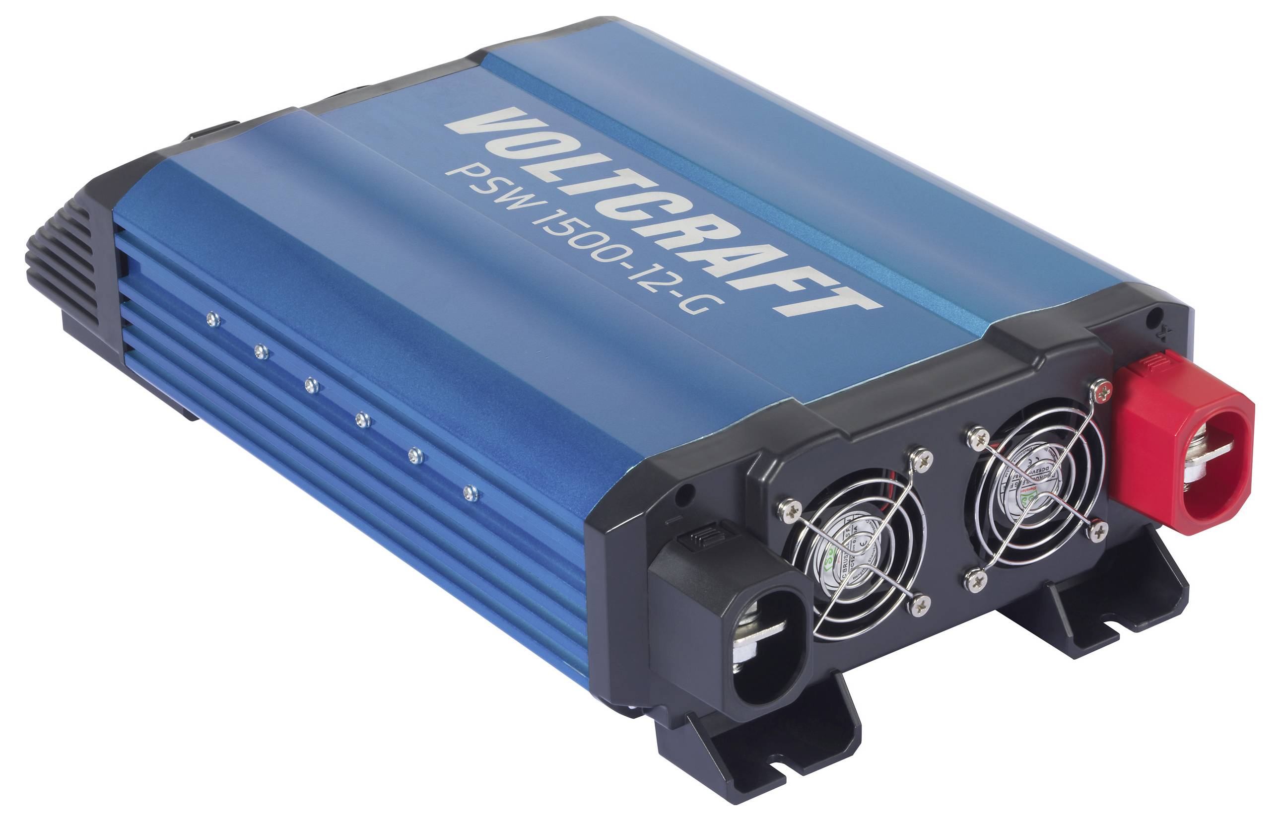 Elektrischer Spannungswandler Voltcraft PSW1500-12-G mit blauer Aluminiumhülle, zwei Lüftern und Anschlüssen zur Stromumwandlung.