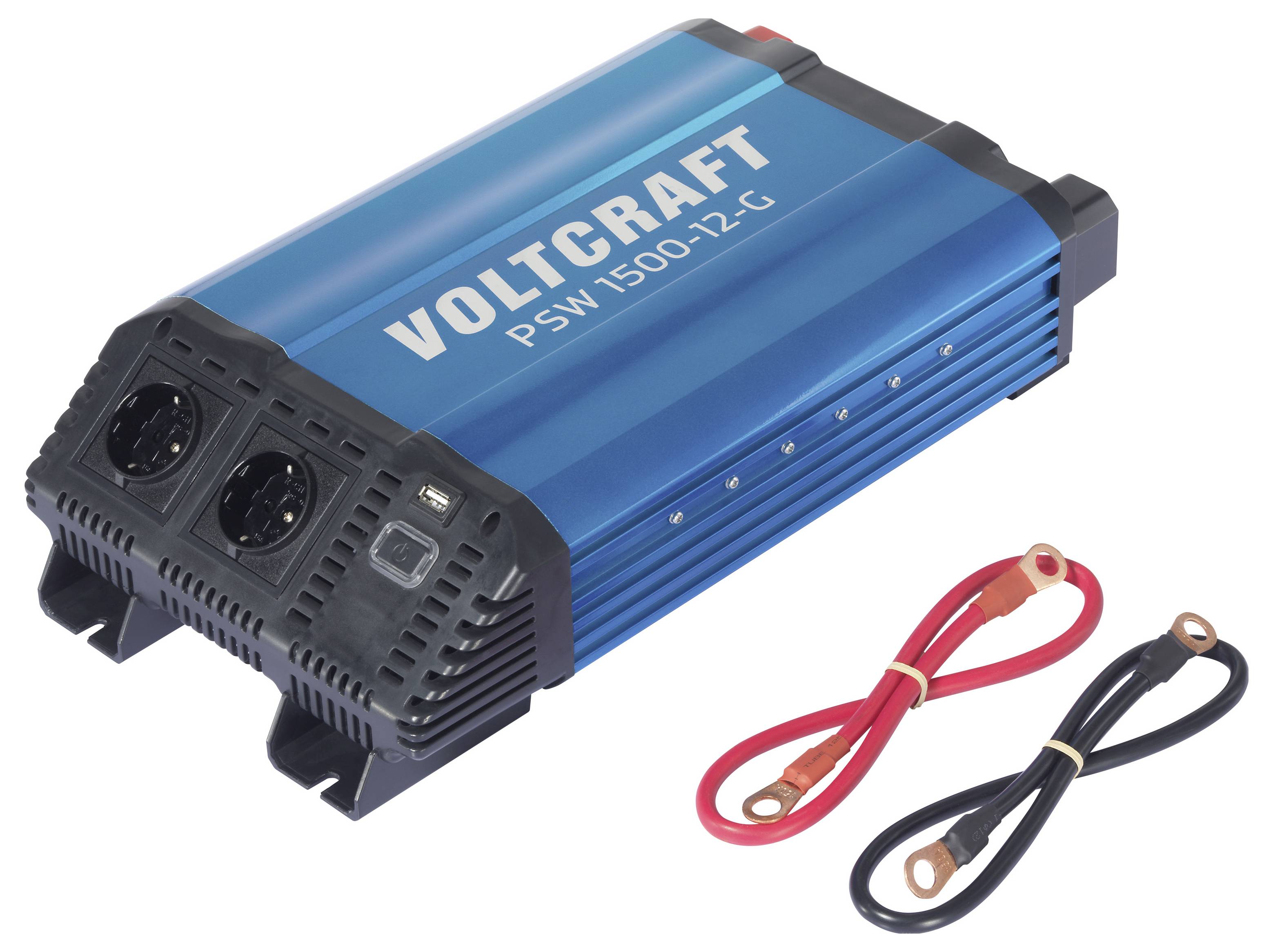 Blauer Voltcraft PSW 1500-12-C Wechselrichter mit zwei Anschlüssen und roten und schwarzen Batteriekabeln.