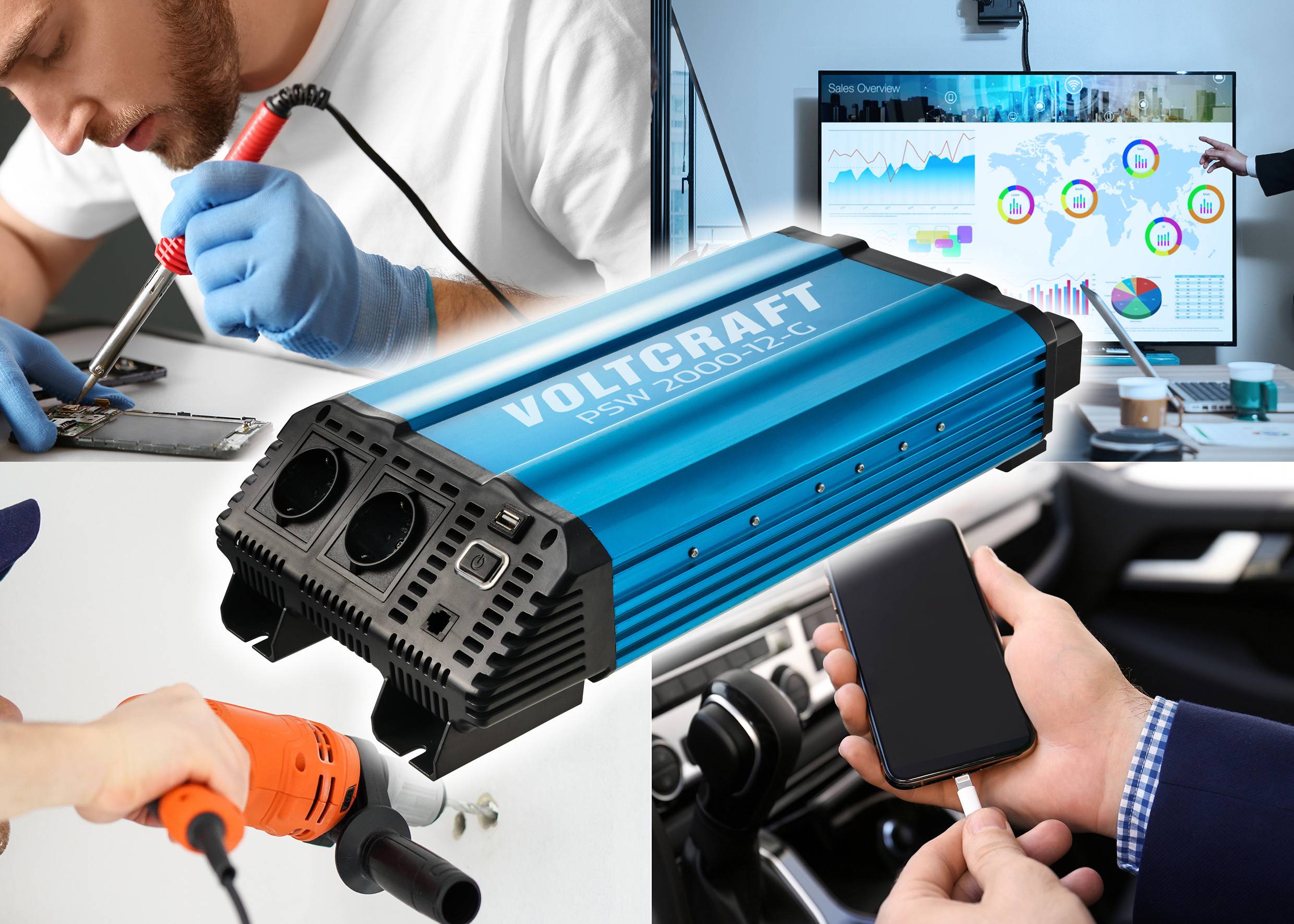 Männer arbeiten mit Elektronik und Werkzeugen. Ein blauer Voltcraft Spannungswandler ist im Vordergrund. Grafiken im Hintergrund.