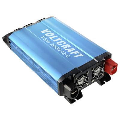 Ein blauer Spannungswandler mit der Aufschrift 'Voltcraft PSW 2000-12-G'. Zwei Lüfter und rote sowie schwarze Anschlussbuchsen sind sichtbar.