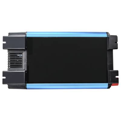 Ein rechteckiges, elektronisches Gerät mit schwarzem Mittelteil und blauen Kanten, vermutlich ein Wechselrichter oder Spannungswandler.
