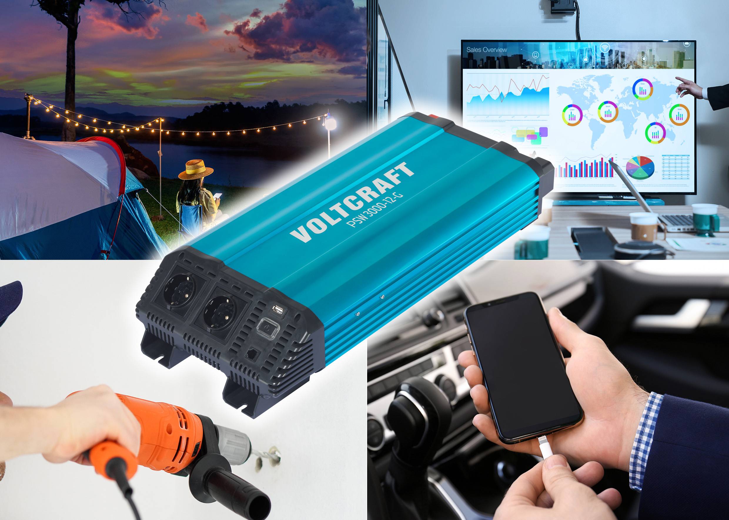 Ein Voltcraft Wechselrichter lädt ein Smartphone, wird zur Stromversorgung eines Campingplatzes und einer Bohrmaschine genutzt, und unterstützt einen Büropräsentationsbildschirm.