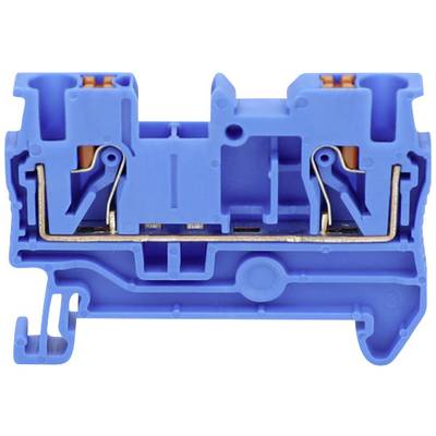 Ein blauer elektrischer Steckverbinder, der zwei Leitungsanschlüsse ermöglicht. Er zeigt die innere Mechanik und den Anschlussmechanismus.