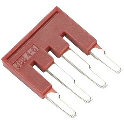 Ein roter Jumper-Stecker mit der Beschriftung 'JBS 4-6', bestehend aus vier Metallpins und einem Kunststoffgehäuse, perspektivisch dargestellt.