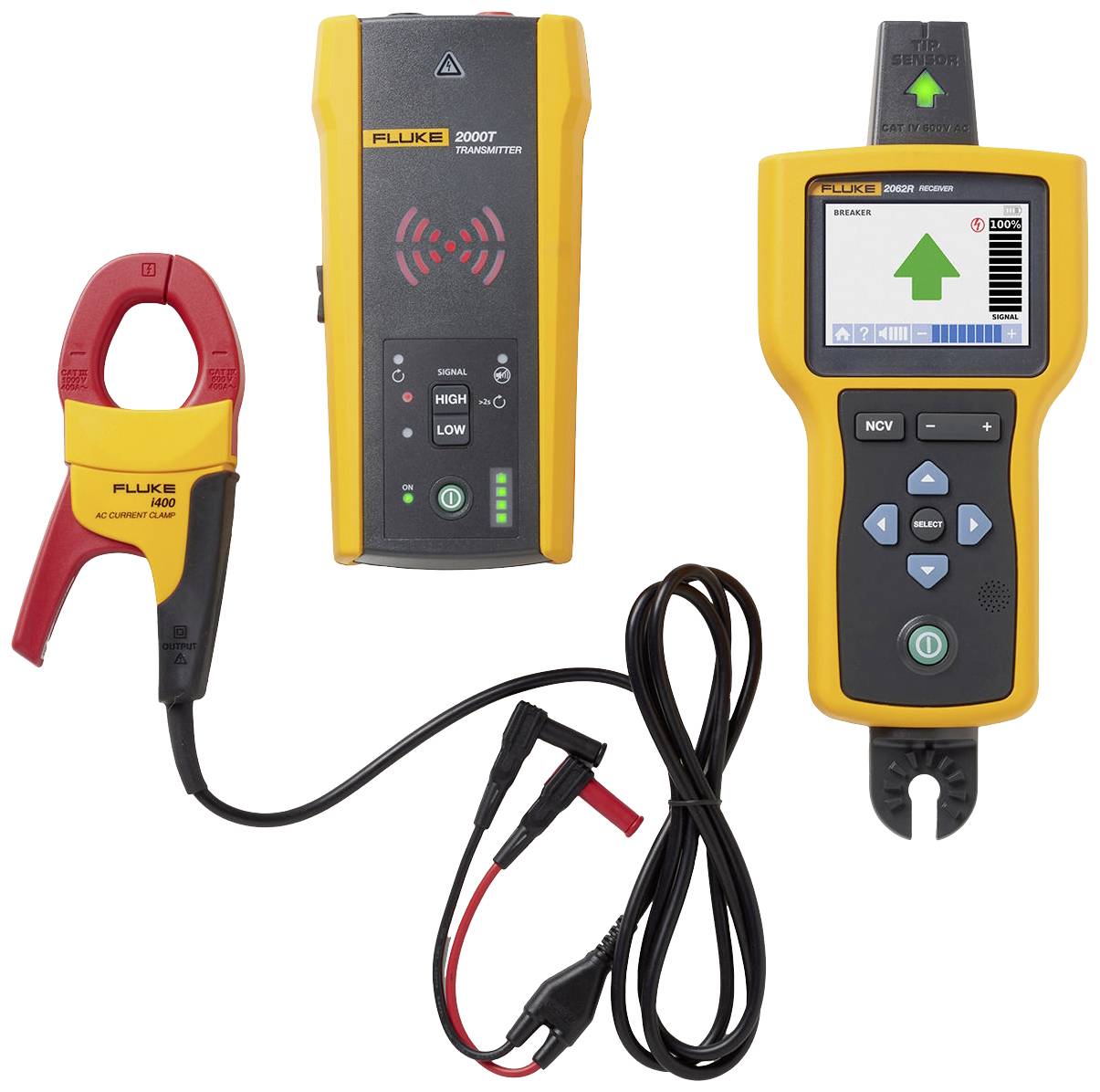 Drei elektronische Messwerkzeuge, darunter ein Spannungsprüfer und Zangenmessgerät, auf weißem Hintergrund angeordnet.