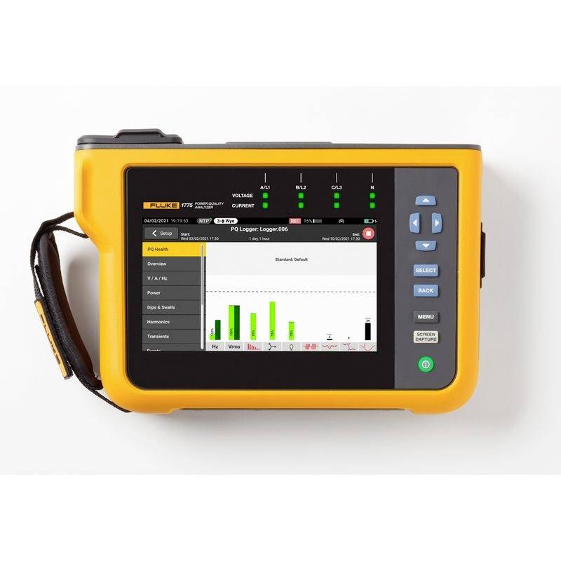 Ein tragbares, gelbes Multimeter zeigt eine Bildschirmansicht mit Balkendiagramm für Spannungs- und Frequenzmessung an.