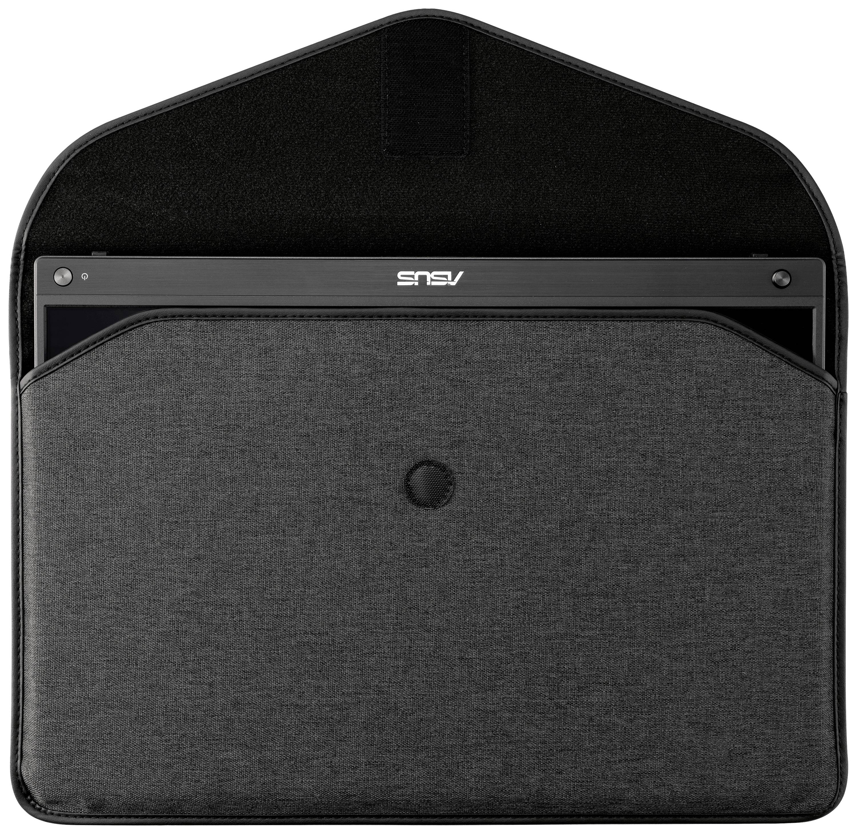 Eine schwarze Laptophülle mit einem teilweise herausragenden Laptop, sichtbar durch den "ASUS"-Schriftzug auf dem Bildschirmrand.