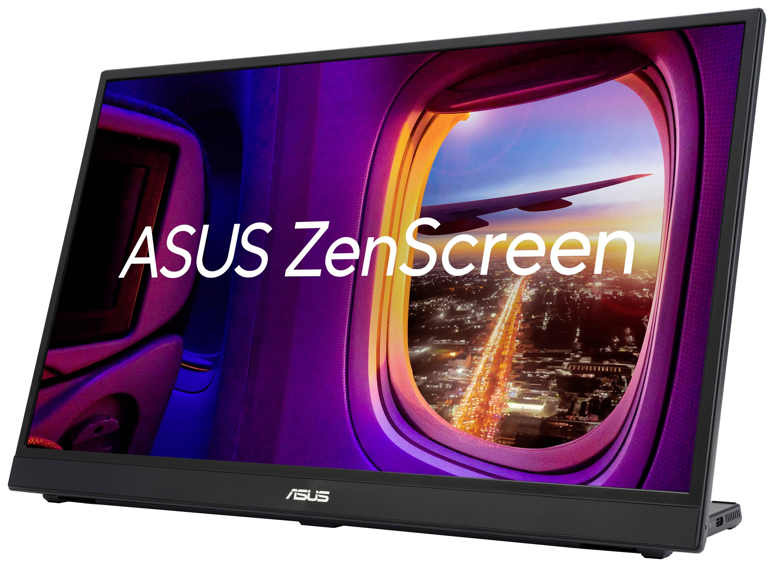'ASUS ZenScreen' auf einem tragbaren Monitor angezeigt, zeigt ein Flugzeugfenster mit Blick auf eine beleuchtete Stadtlandschaft bei Nacht.