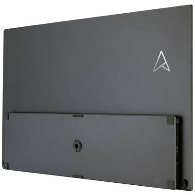 Ein grauer Computermonitor von hinten mit einem markanten Dreieck-Logo in der oberen rechten Ecke.
