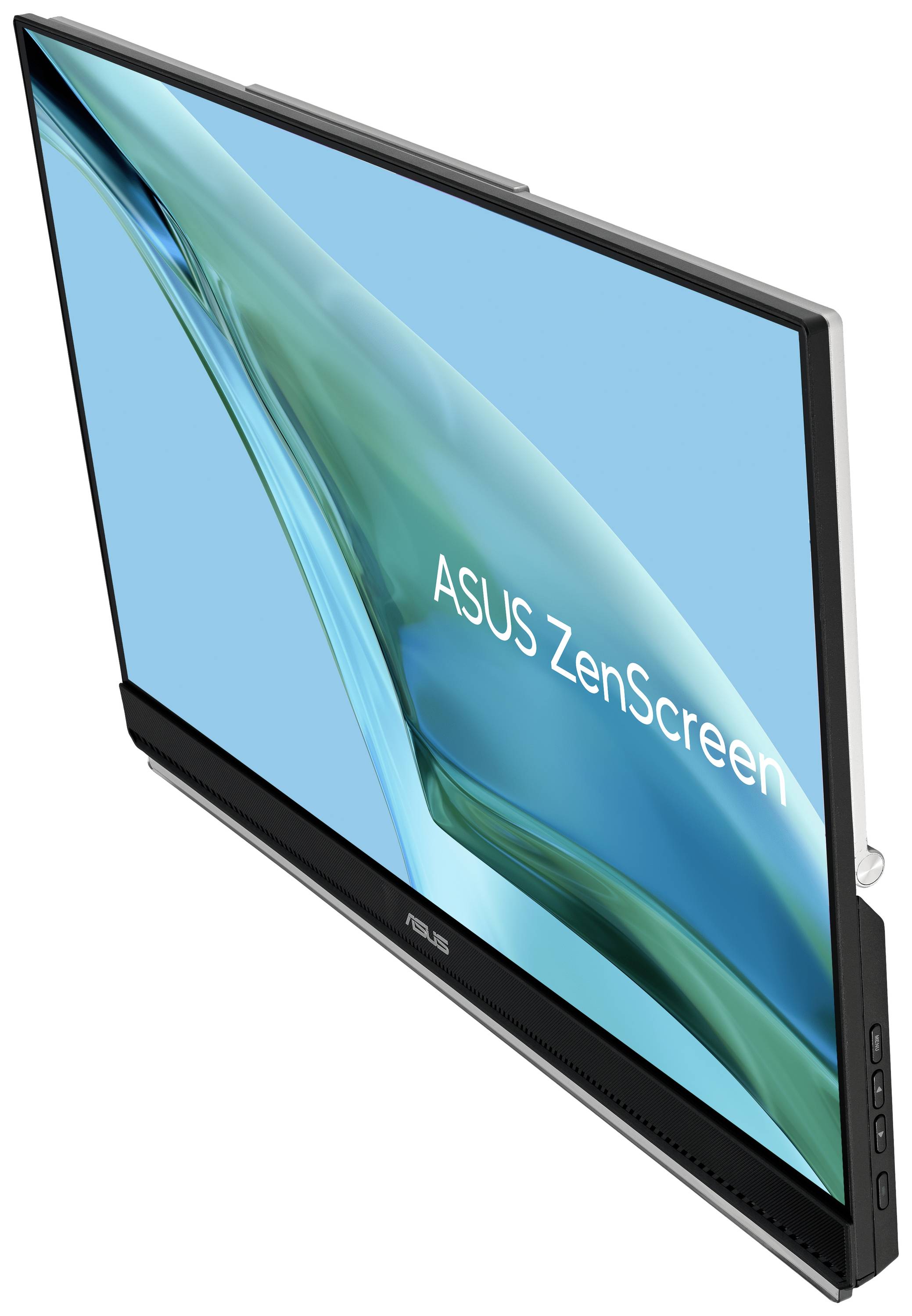 Ein ASUS ZenScreen-Monitor mit schlankem Design, präsentiert auf einem türkisfarbenen Hintergrund.