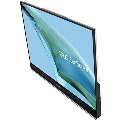 Ein ASUS ZenScreen-Monitor mit schlankem Design, präsentiert auf einem türkisfarbenen Hintergrund.