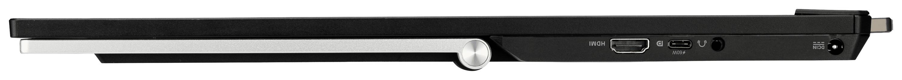 Seitenansicht eines schlanken, schwarzen Laptops mit mehreren Anschlüssen, darunter ein USB- und ein HDMI-Anschluss.