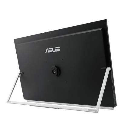 Ein schwarzer Monitor mit einem silbernen Ständer, Marke Asus, von hinten gesehen. Klare und schlichte Gestaltung.