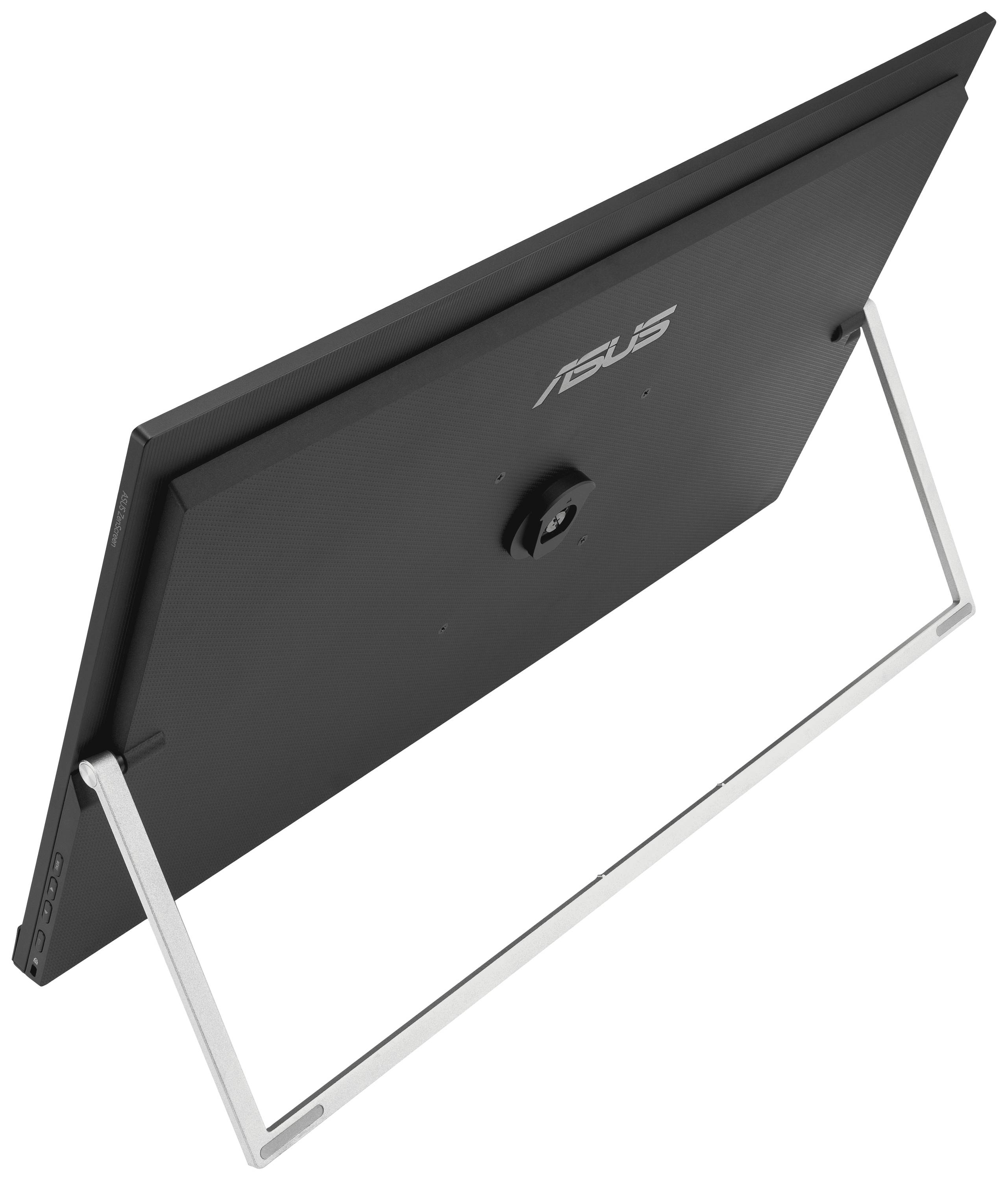 Ein tragbarer ASUS-Monitor mit schwarzem Gehäuse und integriertem Ständer, von hinten gesehen, zur Darstellung von Mobilität im Arbeitsumfeld.