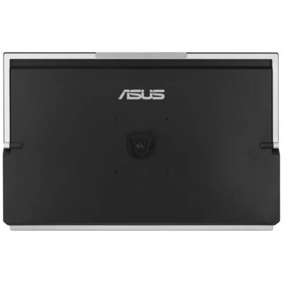 Schwarzer Monitor von Asus, Rückansicht, mit Markenlogo in der Mitte.
