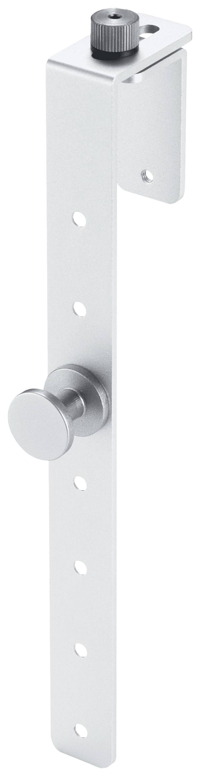 Eine silberne Metallhalterung mit verstellbarem Knopf und mehreren Löchern zur Befestigung. Sie hat einen oberen Drehverschluss.