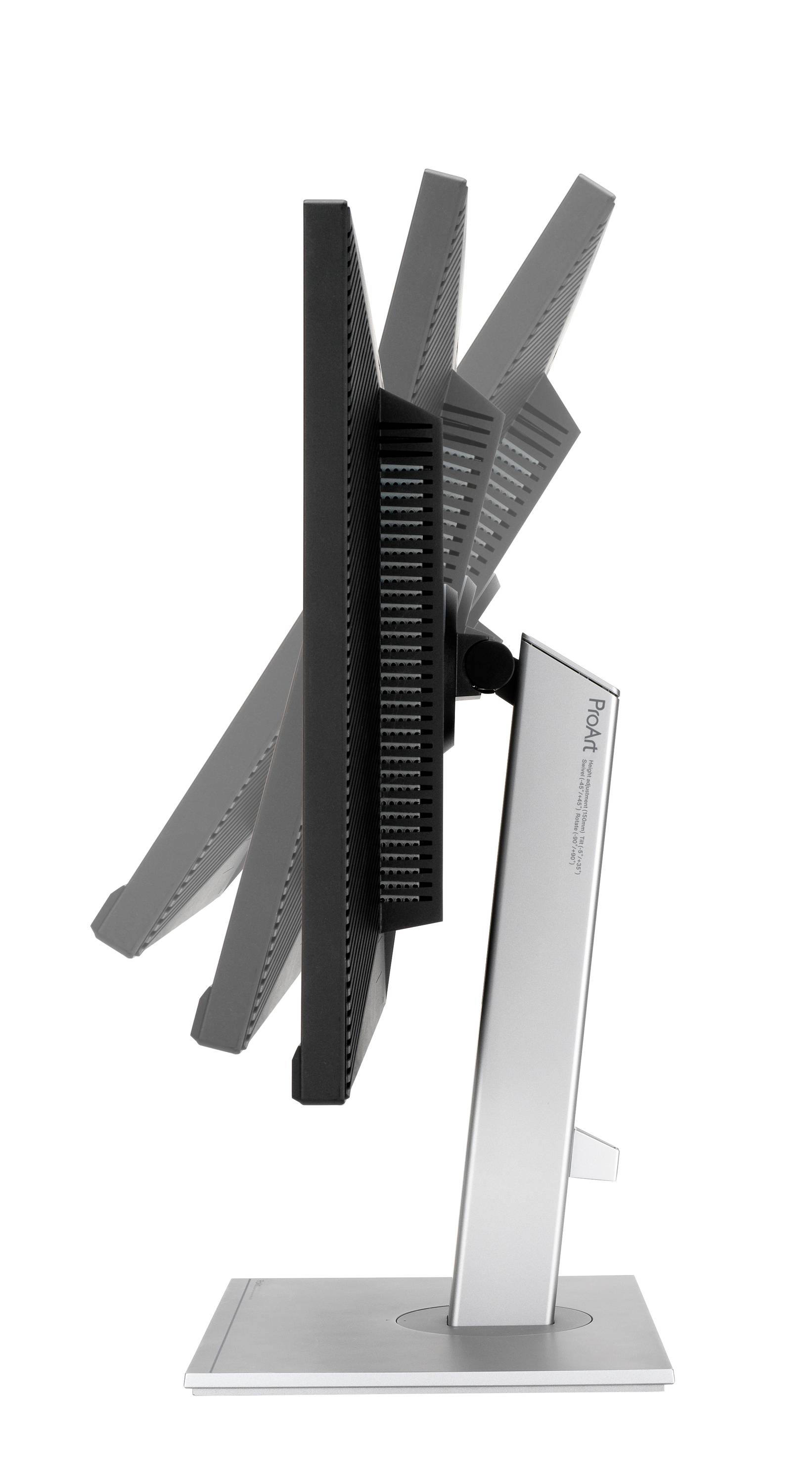 Der Monitor zeigt die seitliche Neigungsmöglichkeit eines modernen Displays, das den Bildschirm kippen kann, um den Betrachtungswinkel anzupassen.