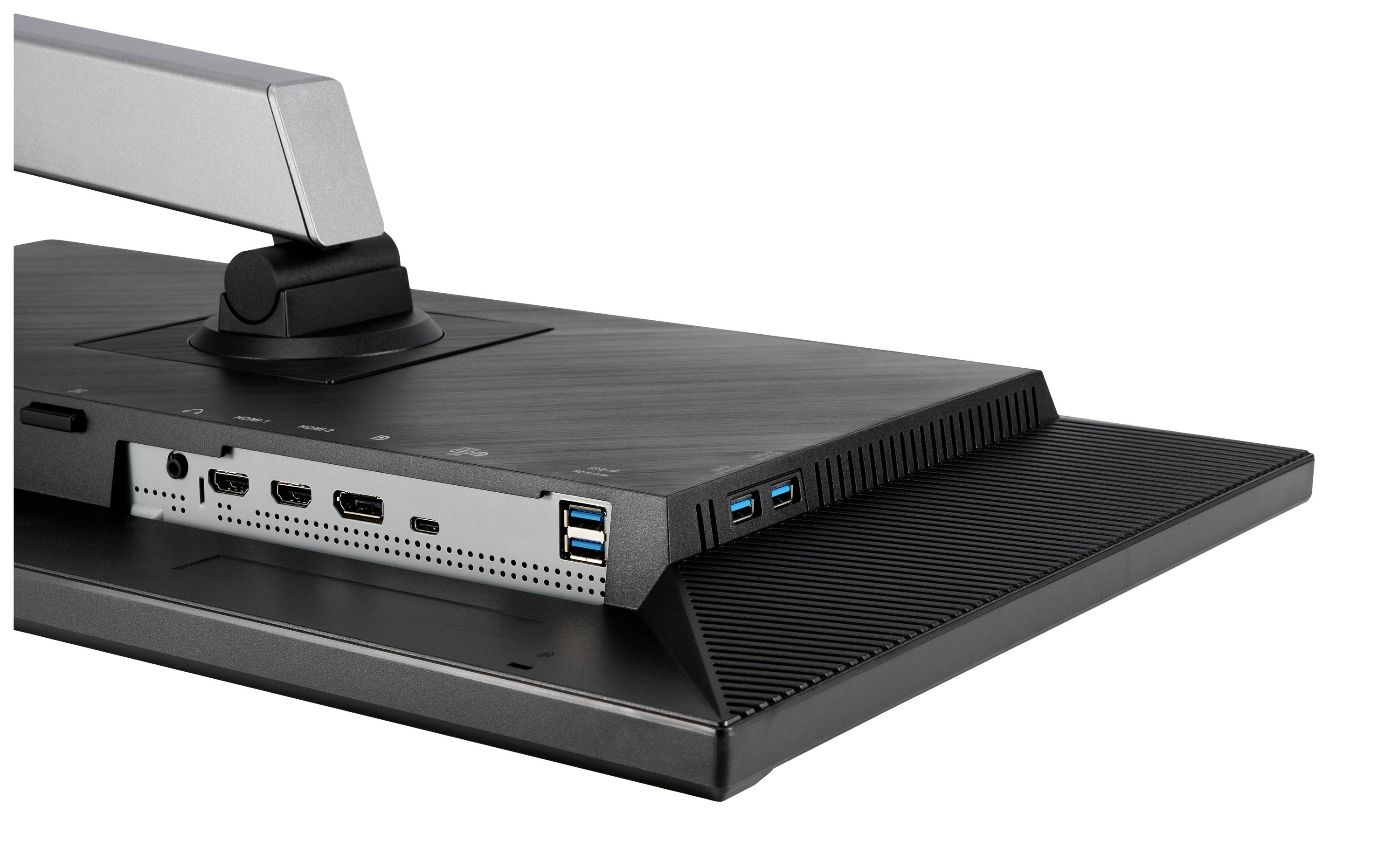 Rückansicht eines Computerbildschirms mit mehreren Anschlüssen: USB, HDMI und DisplayPort, sowie einem stabilen Standfuß.