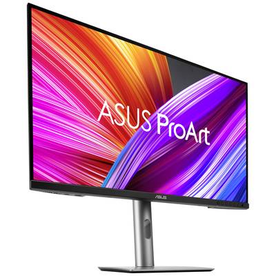 Ein ASUS ProArt Monitor mit schmalem Rahmen zeigt bunte, diagonale Linien in Rot, Orange, Lila und Blau.