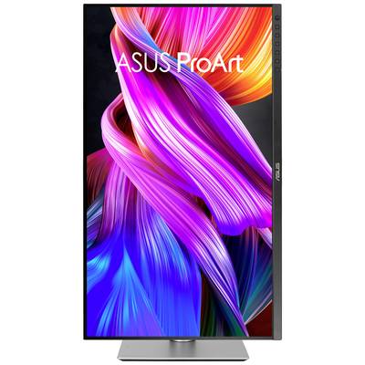 ASUS ProArt Monitor mit lebendigen Farbwellen auf dem Bildschirm, im Hochformat, betont technologische Eleganz und kreative Inspiration.