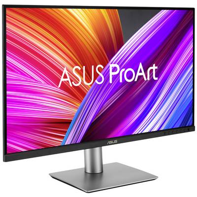 Ein schwarzer ASUS ProArt Monitor mit buntem, abstraktem Hintergrund im Bildschirmschoner.