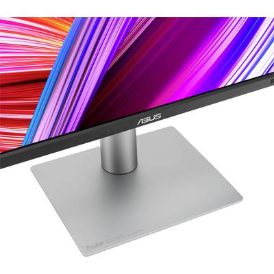 Ein Monitor der Marke Asus mit einem silbernen Standfuß und einem Display mit buntem, abstraktem Design.