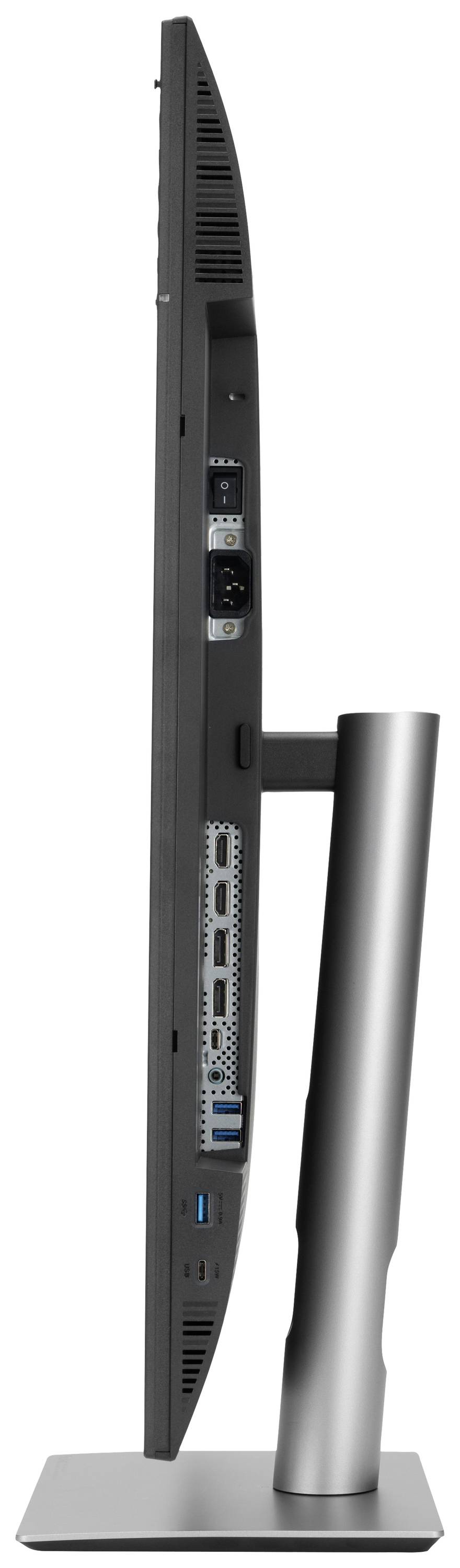 Einziges Bild eines Computerbildschirms von der Seite gesehen, zeigt das schlanke Design, die hinteren Anschlüsse und den stabilen Standfuß.