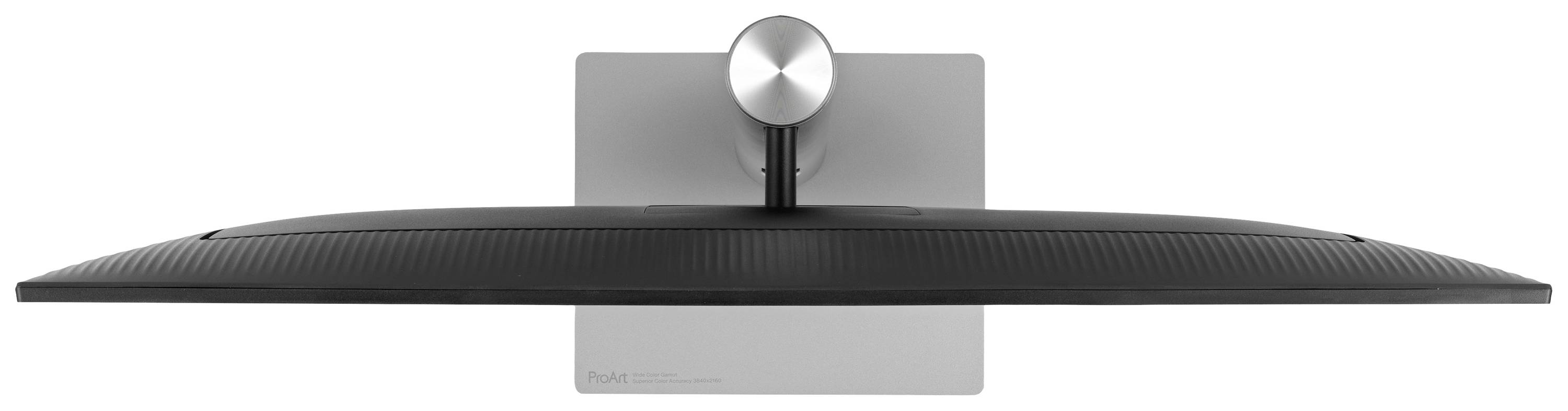 Schwarzer Computermonitor von oben, mit silbernem, rundem Befestigungselement, auf einem quadratischen Standfuß montiert.