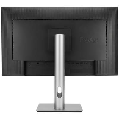 Rückseite eines schwarzen Monitors von ASUS mit schmalem Standfuß, minimalistischem Design und der Aufschrift 'ProArt'.