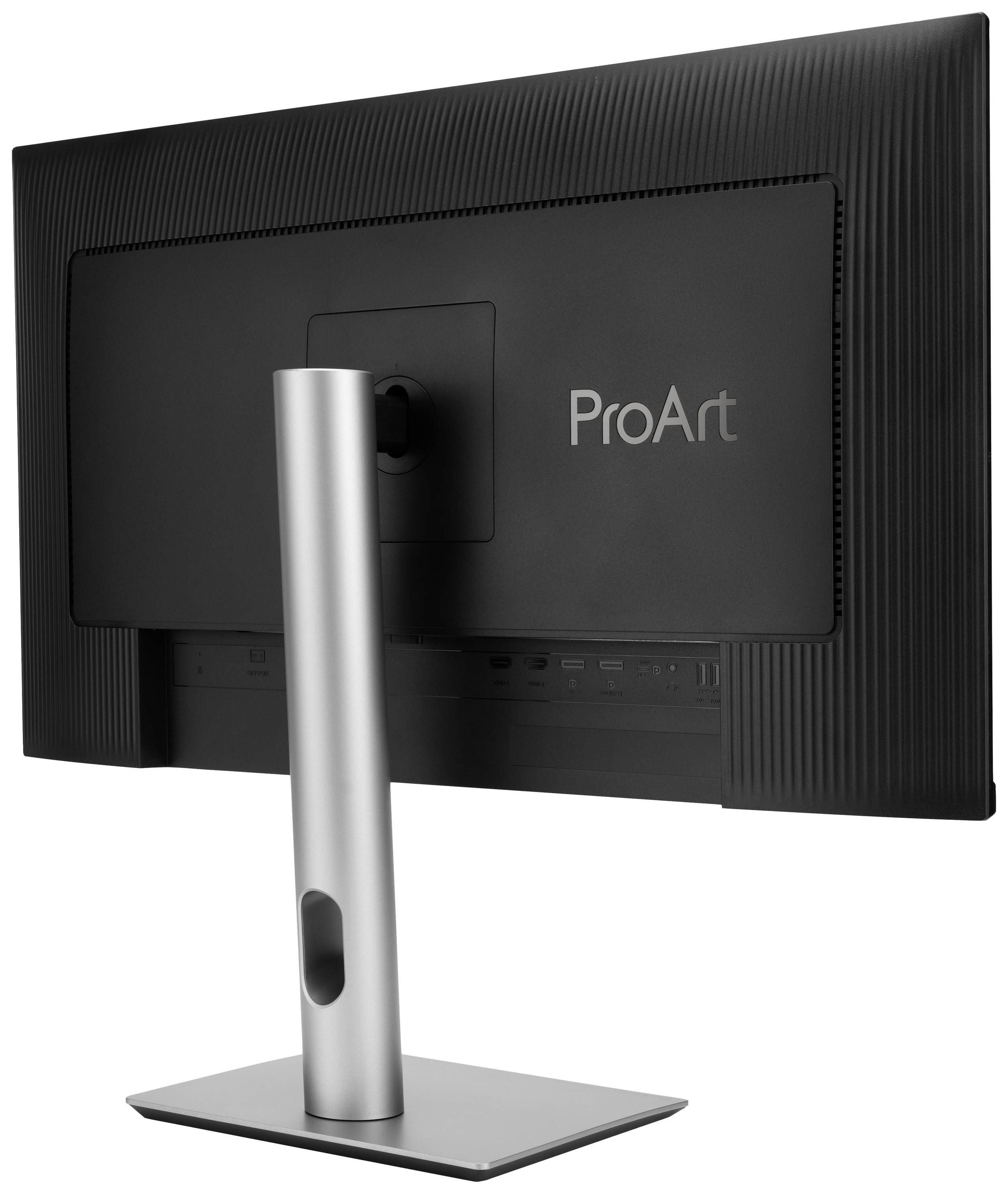 Ein Monitor mit der Aufschrift 'ProArt' auf der Rückseite, steht auf einem silbernen Standfuß. Der Bildschirm ist schwarz.