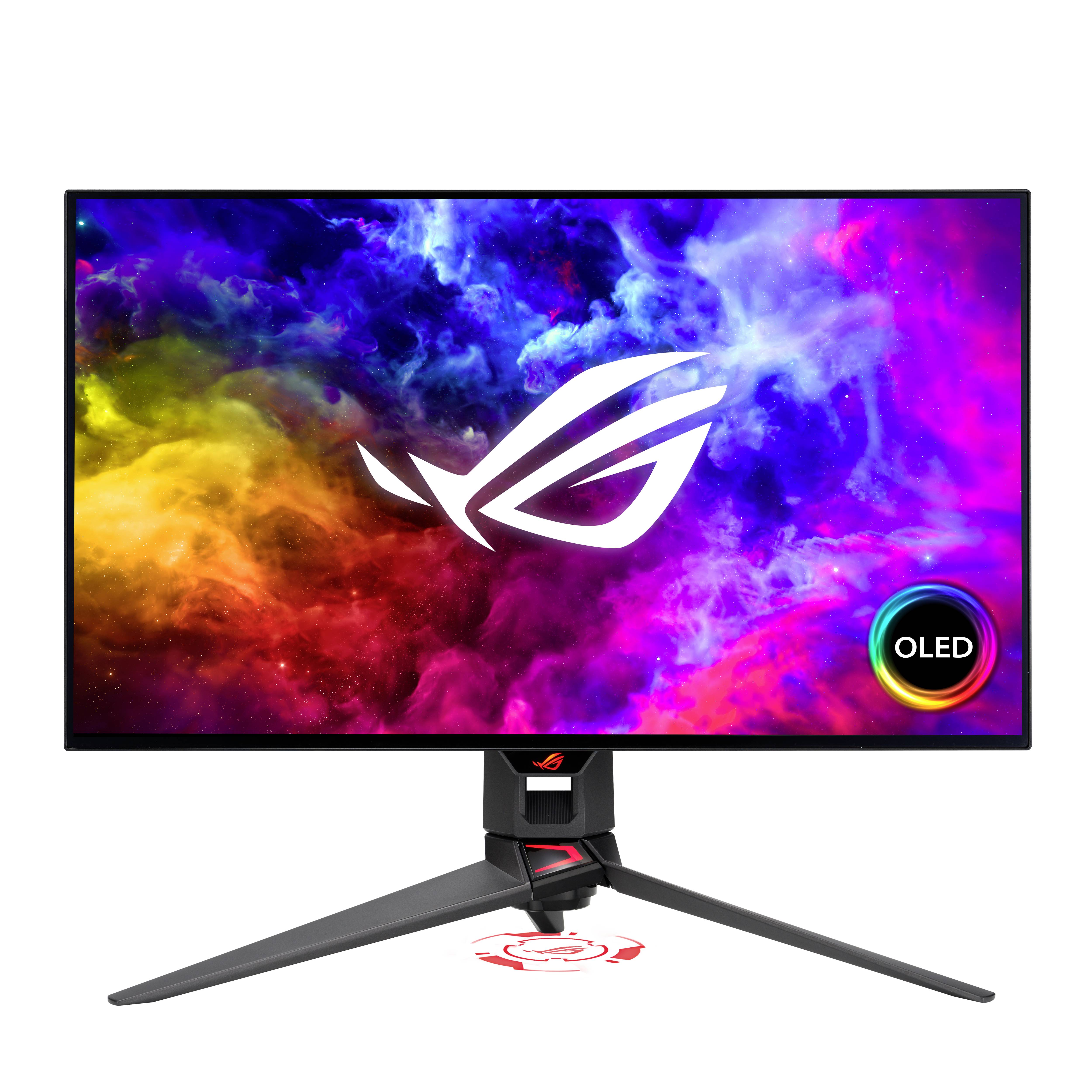 Ein Gaming-Monitor mit schmalem Rahmen zeigt ein buntes, abstraktes Hintergrundbild mit dem 'ROG'-Logo in der Mitte.